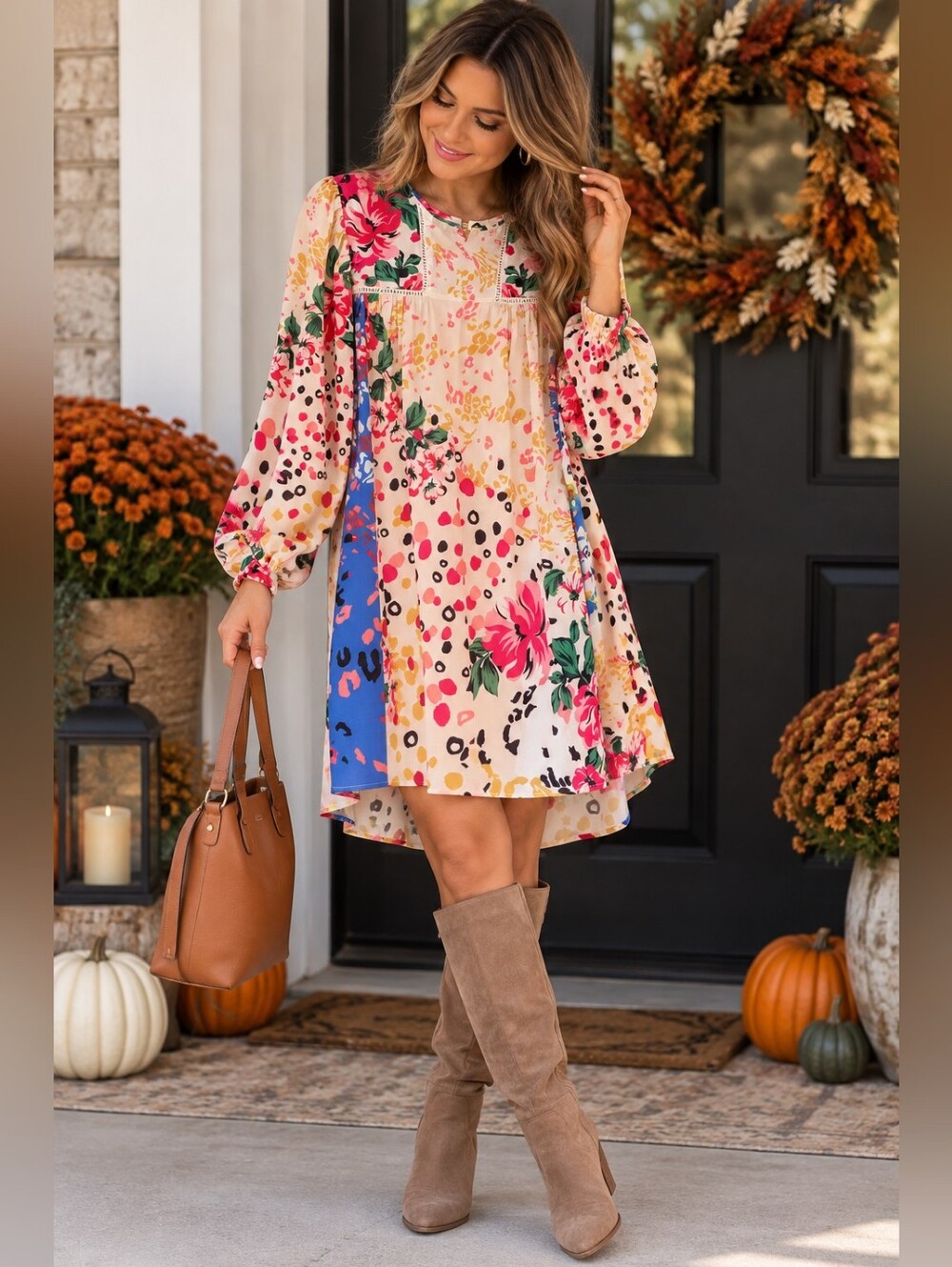 Umgee Pink Multi Floral Patchwork Long-Sleeve Swing Dress
